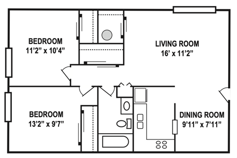 A black and white image of a floor plan for a home with three bedrooms, a living room, and a dining room.